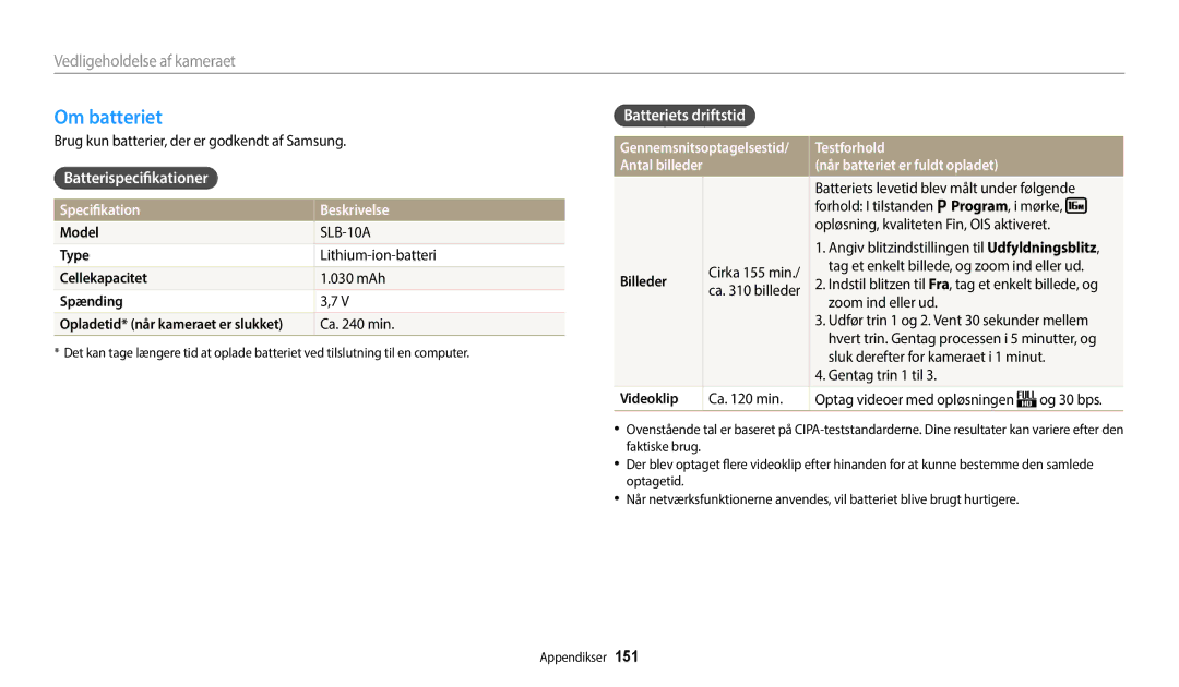 Samsung EC-WB350FBPRE2, EC-WB350FBPWE2, EC-WB50FZBPBE2 manual Om batteriet, Batterispecifikationer, Batteriets driftstid 
