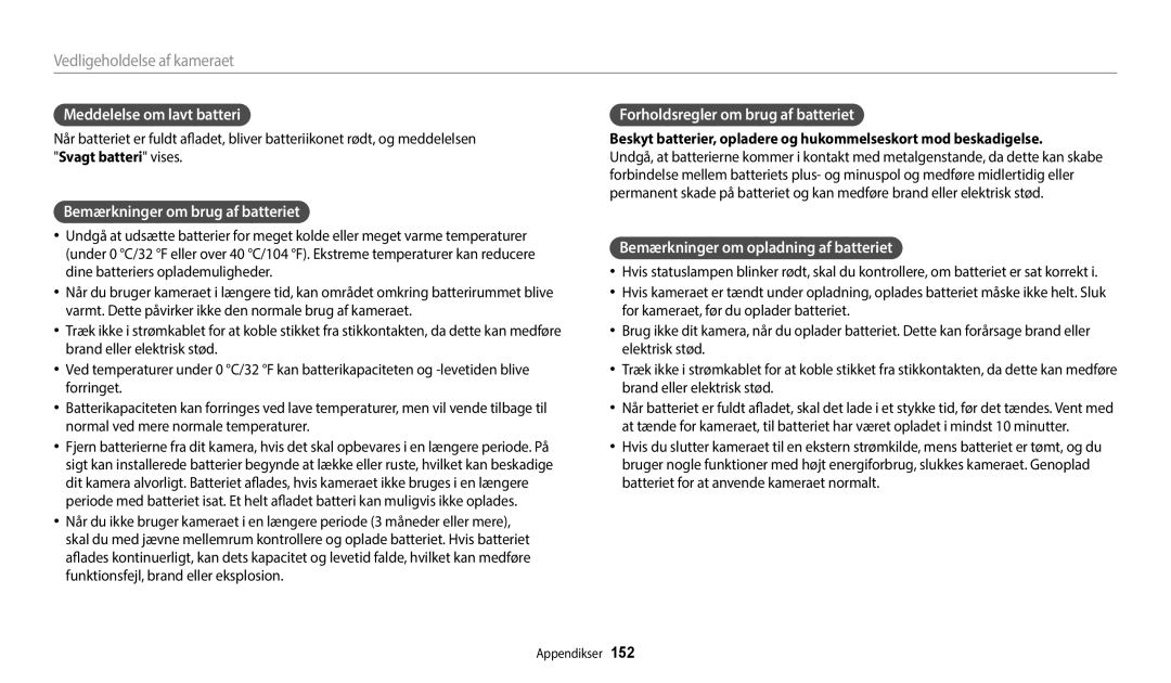 Samsung EC-WB350FBPNE2 Meddelelse om lavt batteri, Bemærkninger om brug af batteriet, Forholdsregler om brug af batteriet 