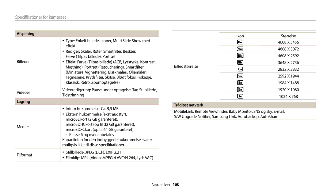 Samsung EC-WB50FZBPBE2, EC-WB350FBPWE2, EC-WB350FBPRE2, EC-WB350FBPNE2, EC-WB352FBDWE2 manual Lagring, Trådløst netværk 