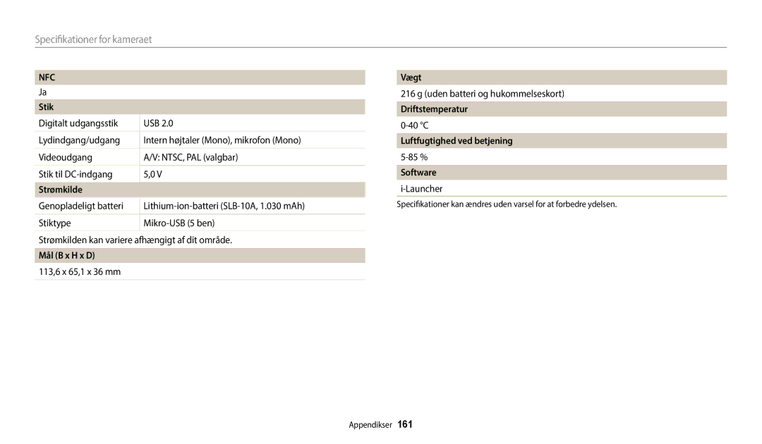 Samsung EC-WB350FBPRE2 Stik, Strømkilde, Mål B x H x D, Vægt, Driftstemperatur, Luftfugtighed ved betjening, Software 