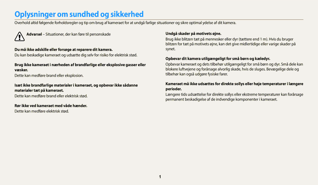 Samsung EC-WB350FBPRE2 manual Oplysninger om sundhed og sikkerhed, Du må ikke adskille eller forsøge at reparere dit kamera 