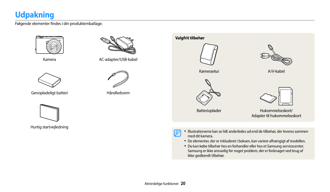 Samsung EC-WB50FZBPBE2 manual Udpakning, Hurtig startvejledning, Valgfrit tilbehør, KameraetuiA/V-kabel Batterioplader 