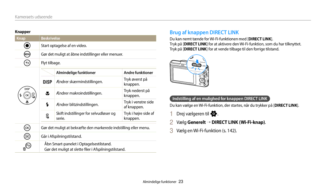 Samsung EC-WB352FBDWE2 manual Brug af knappen Direct Link, Drej vælgeren til n, Vælg Generelt → Direct Link Wi-Fi-knap 