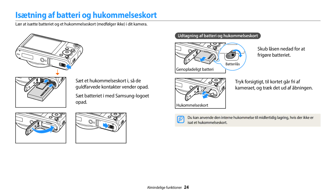 Samsung EC-WB350FBPBE2, EC-WB350FBPWE2 Isætning af batteri og hukommelseskort, Sæt batteriet i med Samsung-logoet opad 