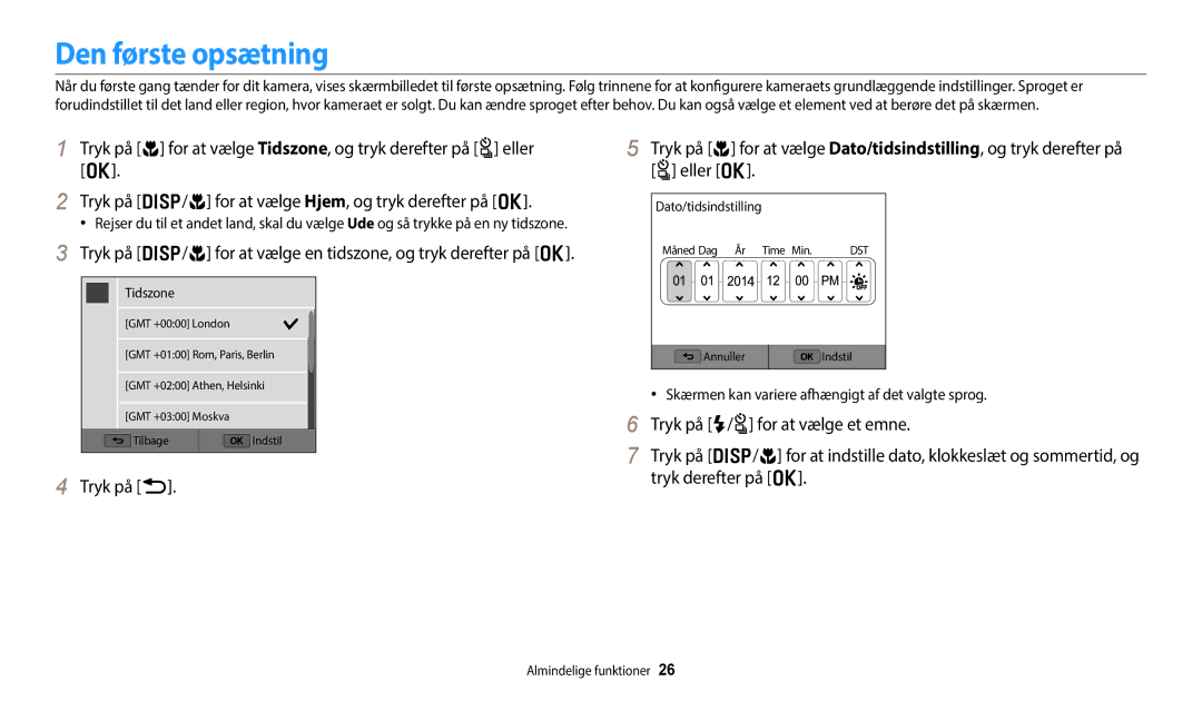 Samsung EC-WB350FBPUE2, EC-WB350FBPWE2 Den første opsætning, Tryk på D/c for at vælge en tidszone, og tryk derefter på o 