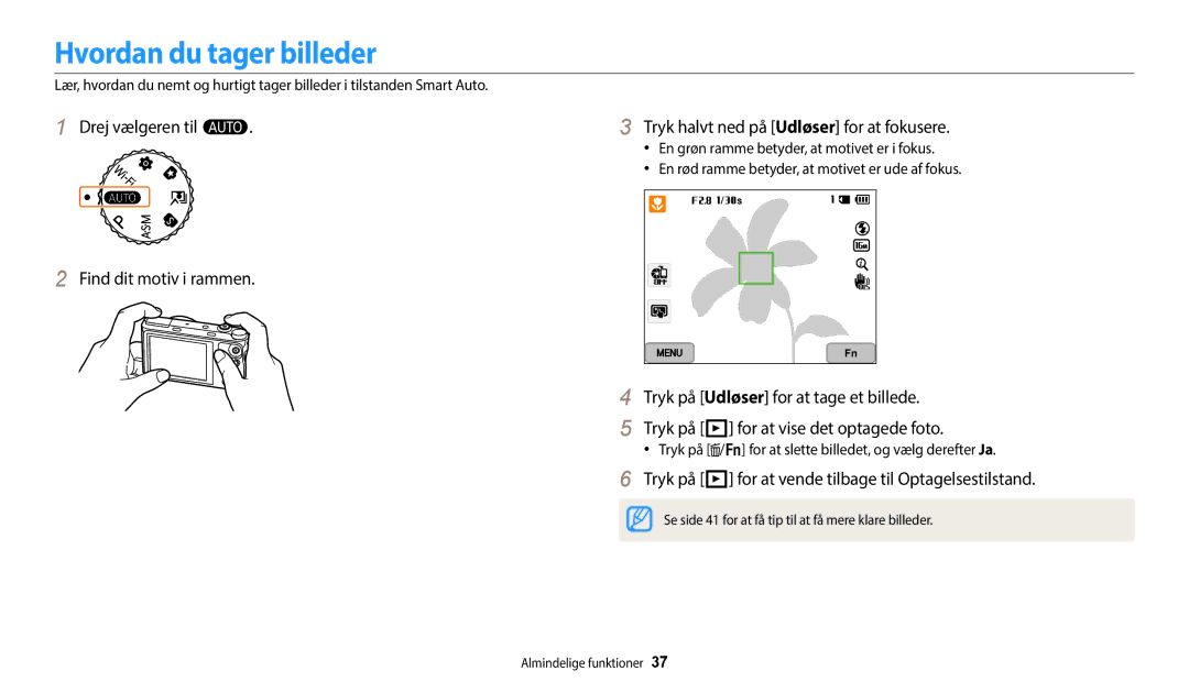 Samsung EC-WB352FBDBE2, EC-WB350FBPWE2 Hvordan du tager billeder, Tryk på P for at vende tilbage til Optagelsestilstand 