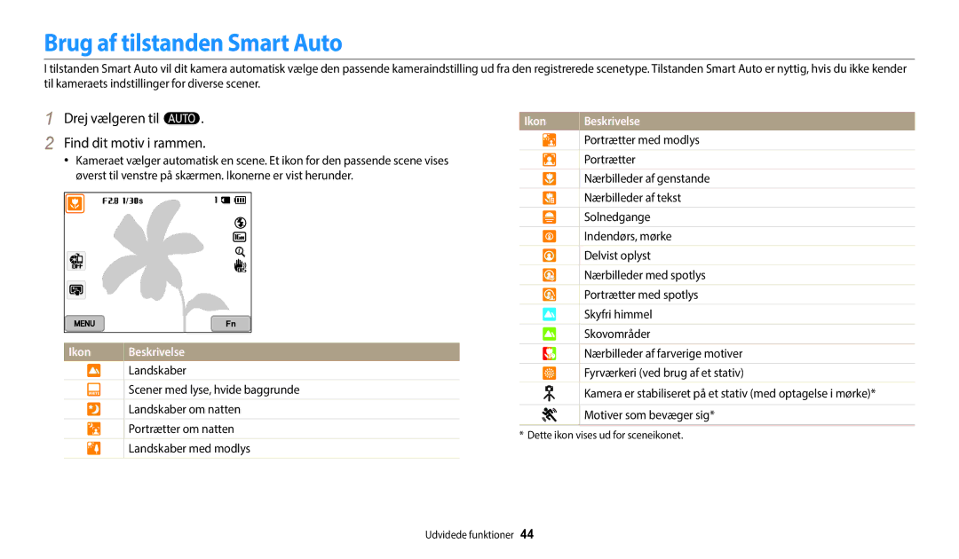 Samsung EC-WB350FBPBE2, EC-WB350FBPWE2 manual Brug af tilstanden Smart Auto, Drej vælgeren til T Find dit motiv i rammen 