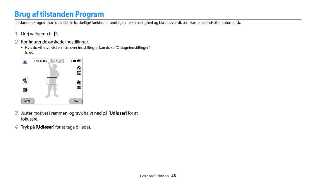 Samsung EC-WB350FBPUE2, EC-WB350FBPWE2 Brug af tilstanden Program, Drej vælgeren til p Konfigurér de ønskede indstillinger 