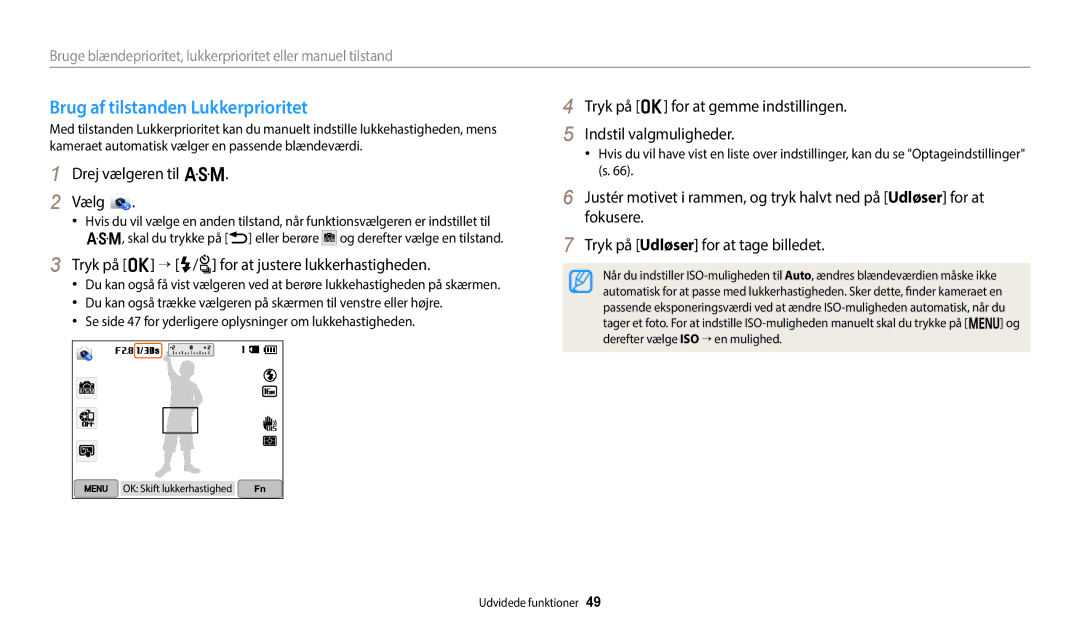 Samsung EC-WB350FBPWE2 manual Brug af tilstanden Lukkerprioritet, Tryk på o → F/t for at justere lukkerhastigheden 