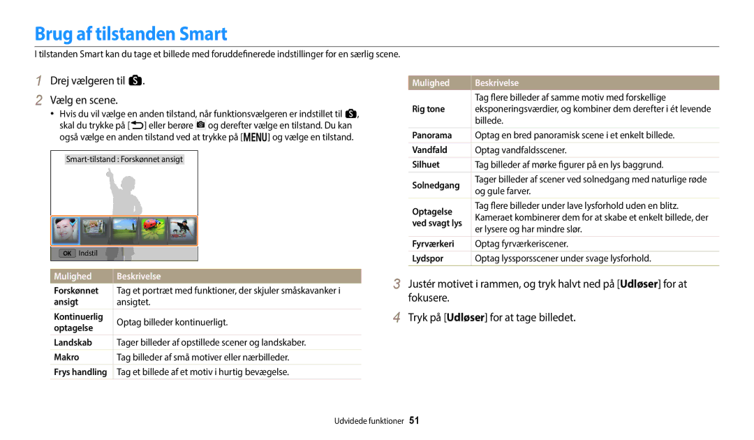 Samsung EC-WB350FBPRE2, EC-WB350FBPWE2 Brug af tilstanden Smart, Drej vælgeren til s Vælg en scene, Mulighed Beskrivelse 