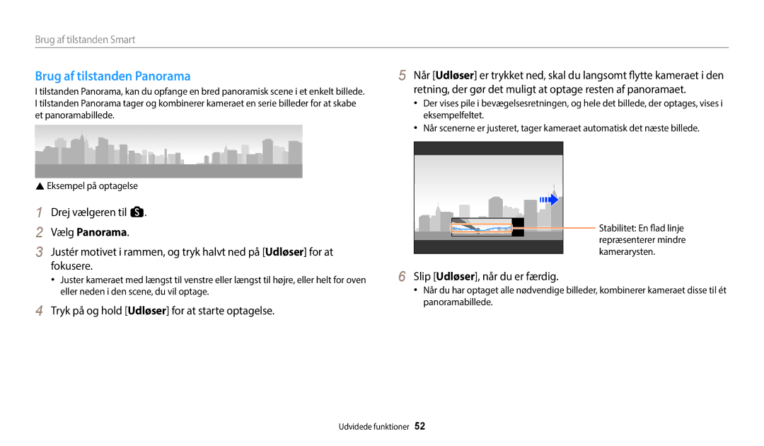 Samsung EC-WB350FBPNE2 Brug af tilstanden Panorama, Drej vælgeren til s, Vælg Panorama, Slip Udløser, når du er færdig 