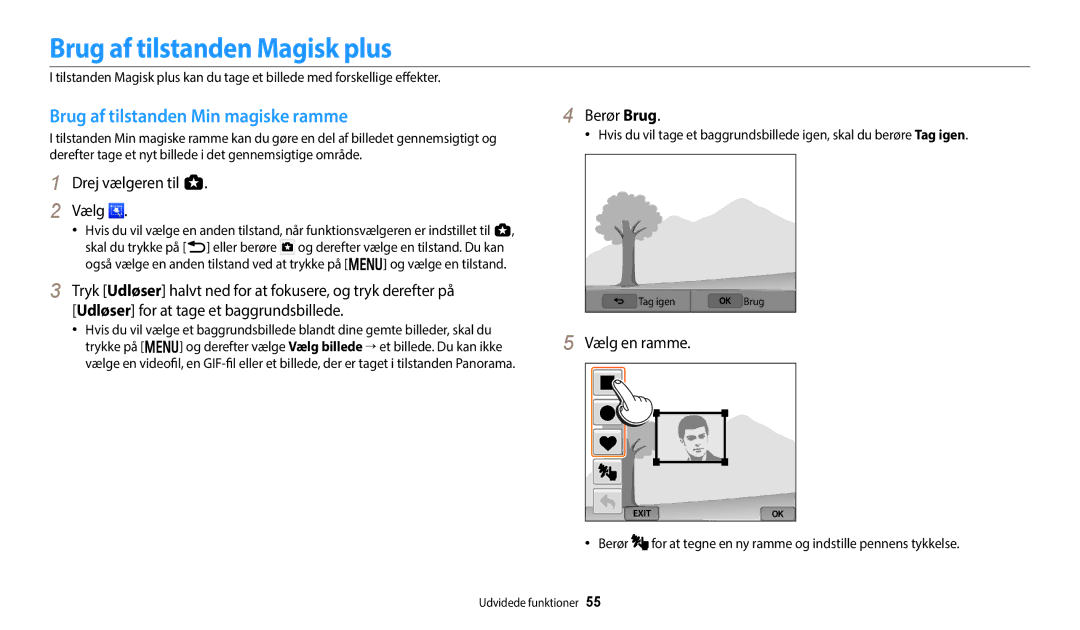 Samsung EC-WB50FZBPWE2 Brug af tilstanden Magisk plus, Brug af tilstanden Min magiske ramme, Berør Brug, Vælg en ramme 