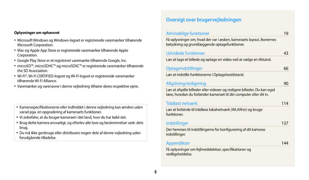 Samsung EC-WB50FZBPWE2, EC-WB350FBPWE2 manual Oversigt over brugervejledningen, 114, 137, 144, Oplysninger om ophavsret 