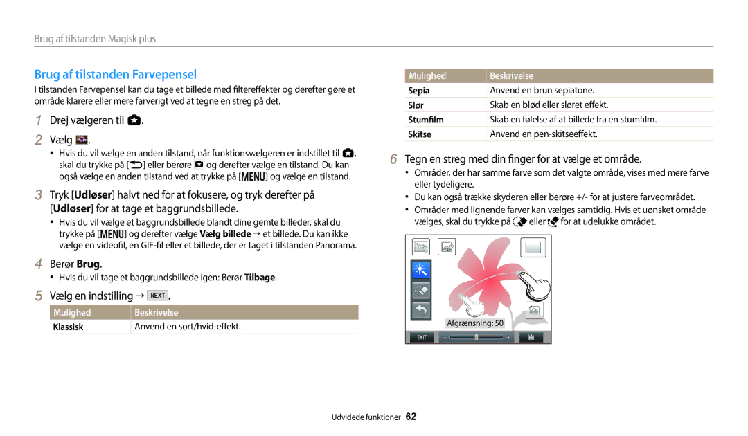 Samsung EC-WB350FBPNE2 Drej vælgeren til g, Tegn en streg med din finger for at vælge et område, Vælg en indstilling → 