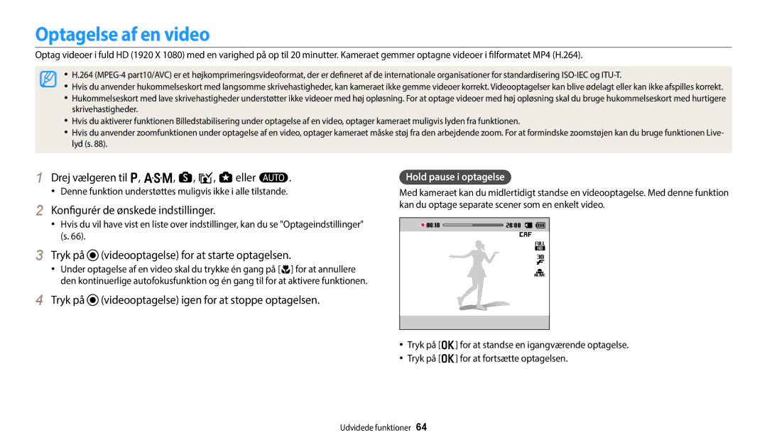 Samsung EC-WB350FBPBE2 manual Optagelse af en video, Drej vælgeren til p, G, s, i, g eller T, Hold pause i optagelse 