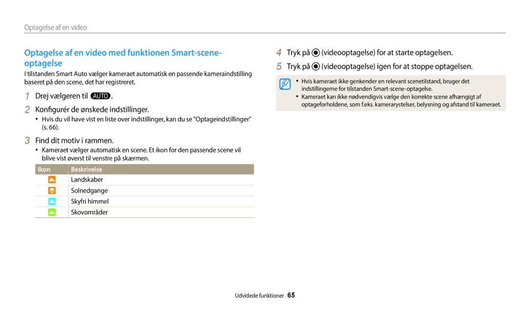 Samsung EC-WB50FZBPWE2, EC-WB350FBPWE2, EC-WB50FZBPBE2 manual Optagelse af en video med funktionen Smart-scene- optagelse 