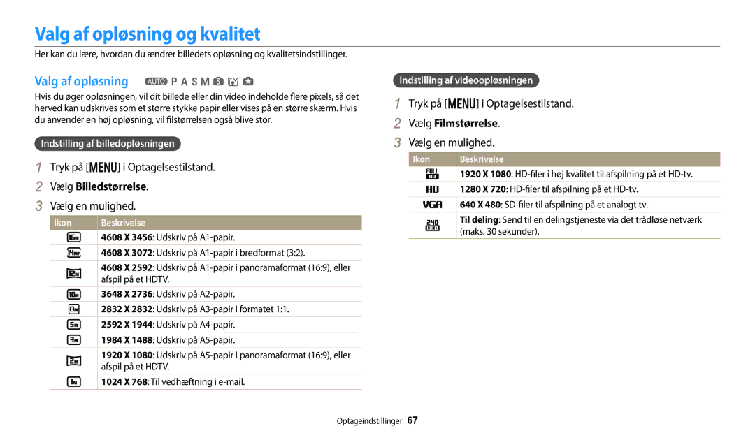 Samsung EC-WB352FBDBE2 manual Valg af opløsning og kvalitet, Valg af opløsning T p a h M s i g, Vælg Billedstørrelse 