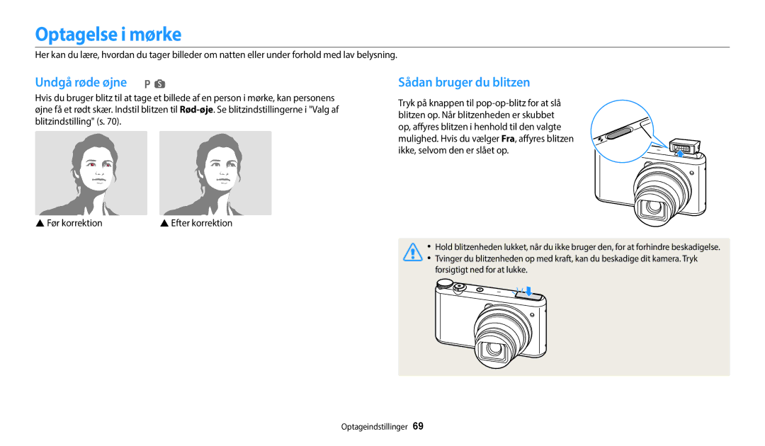 Samsung EC-WB350FBPWE2, EC-WB50FZBPBE2, EC-WB350FBPRE2, EC-WB350FBPNE2, EC-WB352FBDWE2 Optagelse i mørke, Undgå røde øjne p s 