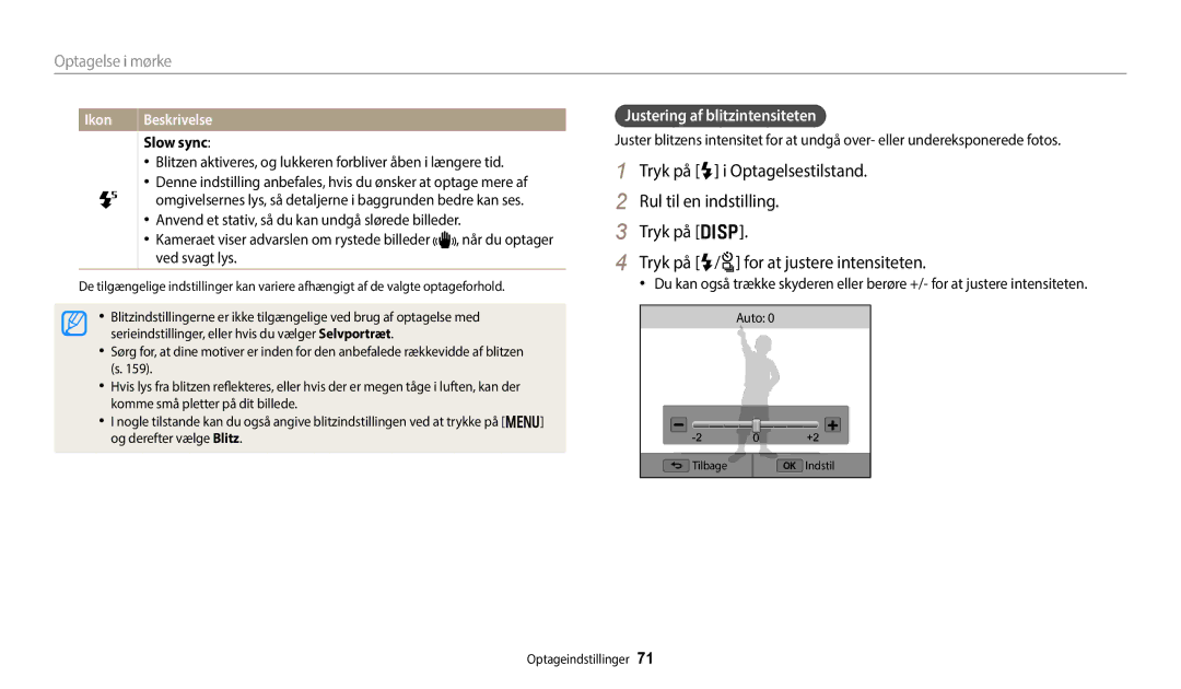 Samsung EC-WB350FBPRE2, EC-WB350FBPWE2, EC-WB50FZBPBE2, EC-WB350FBPNE2 manual Justering af blitzintensiteten, Slow sync 