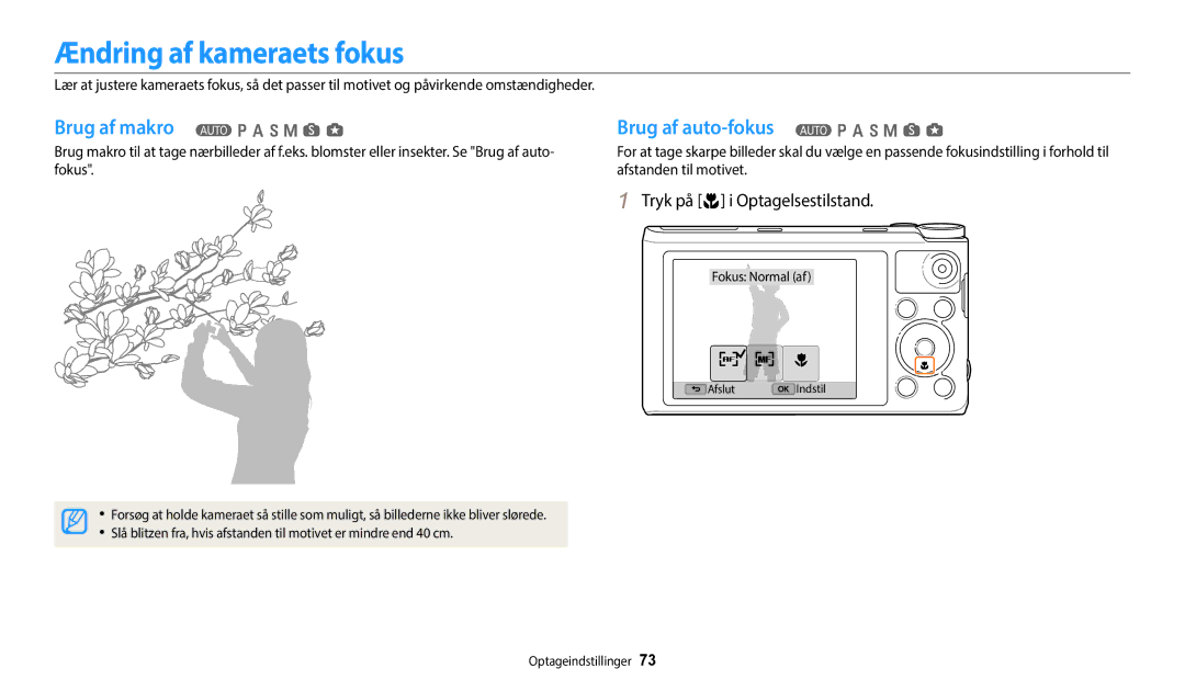 Samsung EC-WB352FBDWE2 manual Ændring af kameraets fokus, Brug af makro T p a h M s g, Brug af auto-fokus T p a h M s g 