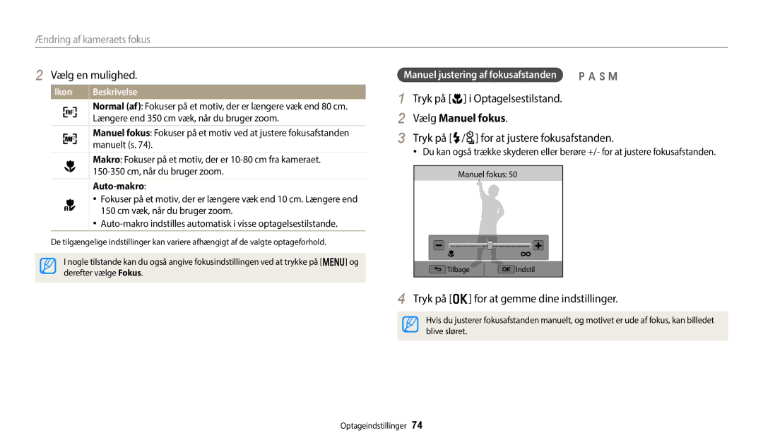 Samsung EC-WB350FBPBE2, EC-WB350FBPWE2 manual Vælg Manuel fokus, Tryk på F/t for at justere fokusafstanden, Auto-makro 