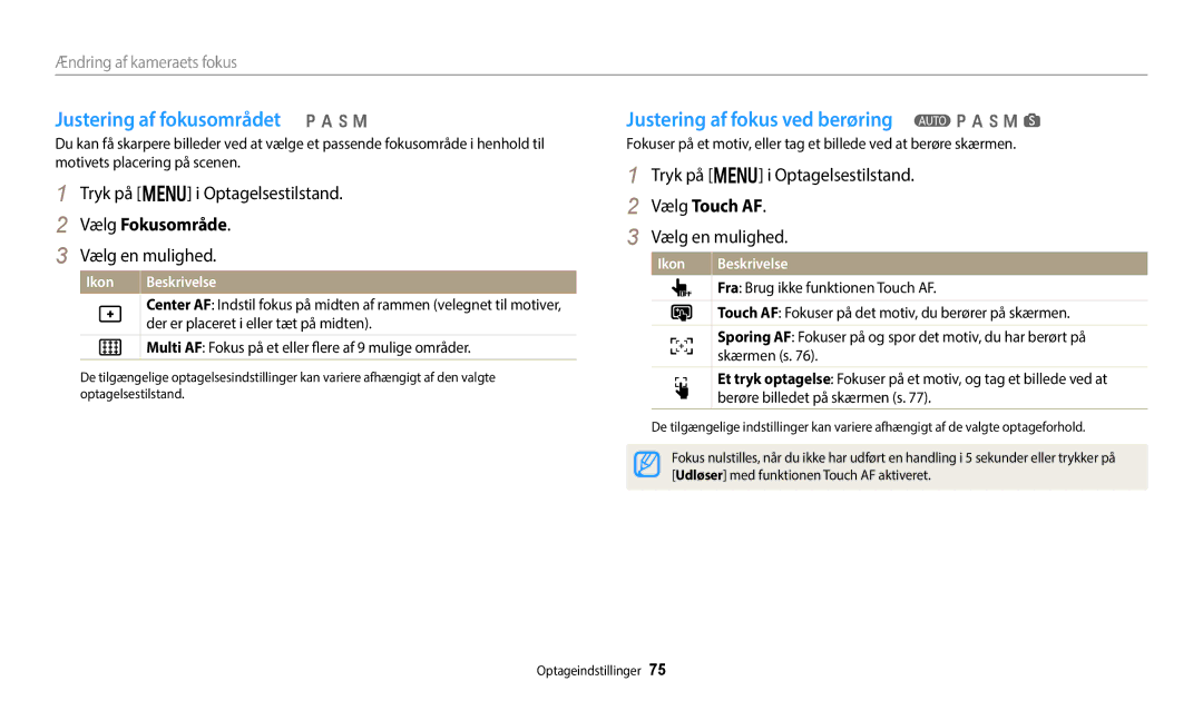 Samsung EC-WB50FZBPWE2 Justering af fokusområdet p a h M, Justering af fokus ved berøring T p a h M s, Vælg Fokusområde 