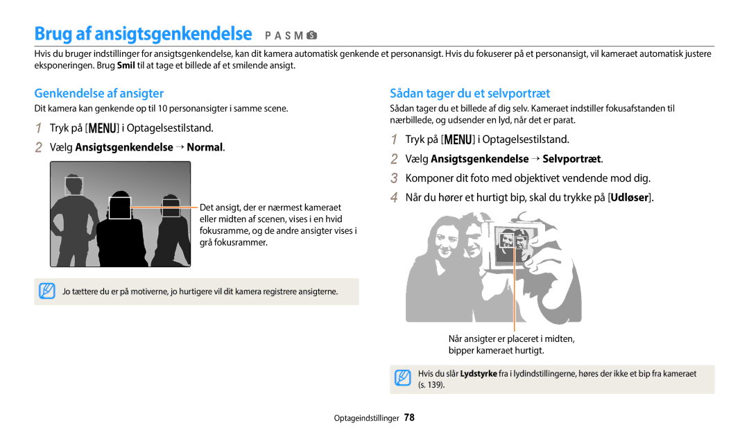 Samsung EC-WB50FZBPRE2 manual Brug af ansigtsgenkendelse p a h M s, Genkendelse af ansigter, Sådan tager du et selvportræt 