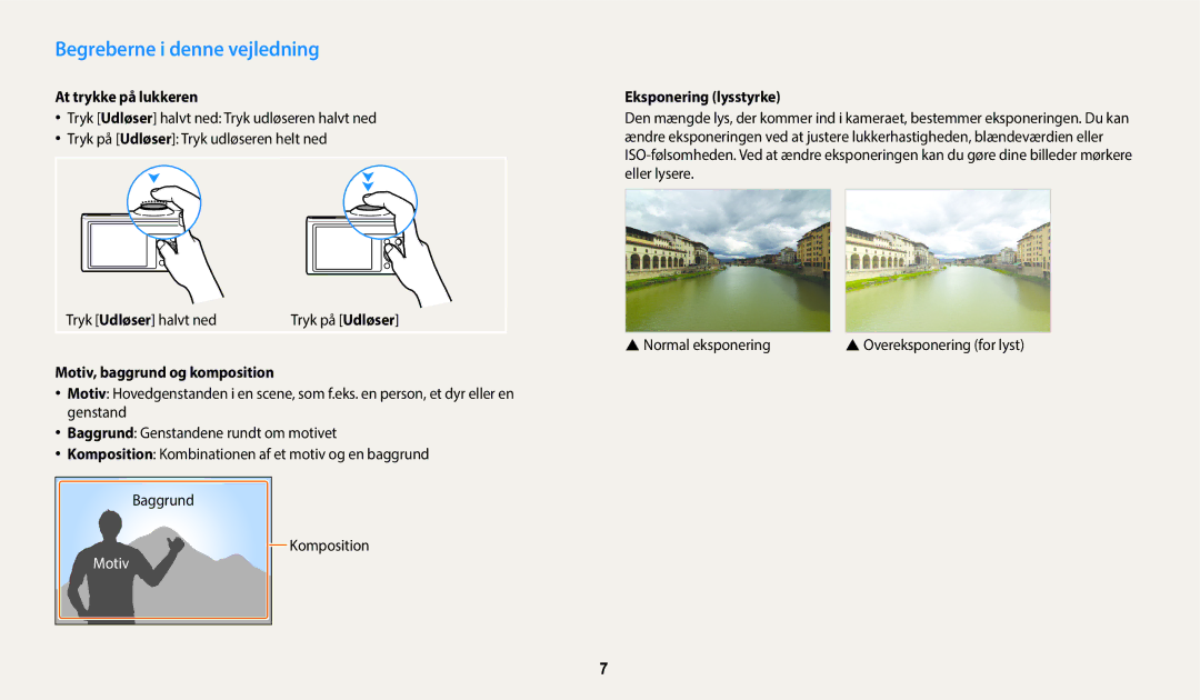 Samsung EC-WB352FBDBE2 manual Begreberne i denne vejledning, At trykke på lukkeren, Motiv, baggrund og komposition 