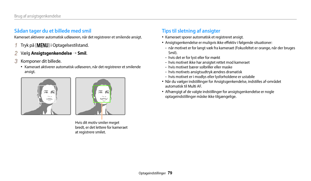 Samsung EC-WB350FBPWE2 Sådan tager du et billede med smil, Tips til sletning af ansigter, Vælg Ansigtsgenkendelse → Smil 