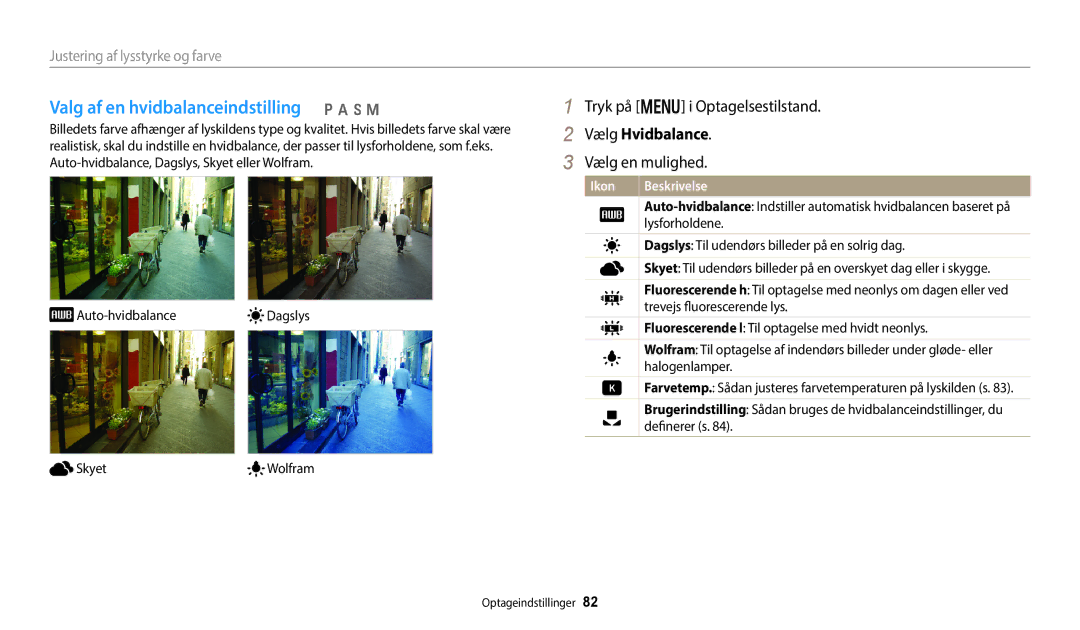 Samsung EC-WB350FBPNE2, EC-WB350FBPWE2, EC-WB50FZBPBE2 manual Valg af en hvidbalanceindstilling p a h M, Vælg Hvidbalance 