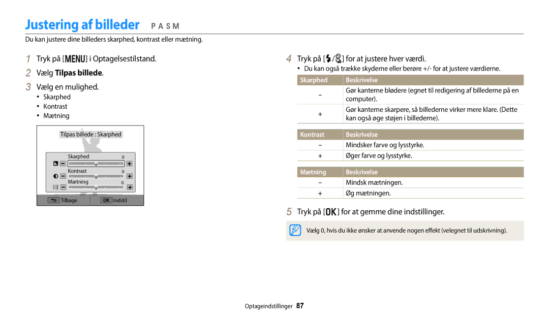 Samsung EC-WB352FBDBE2 manual Justering af billeder p a h M, Vælg Tilpas billede, Tryk på F/t for at justere hver værdi 