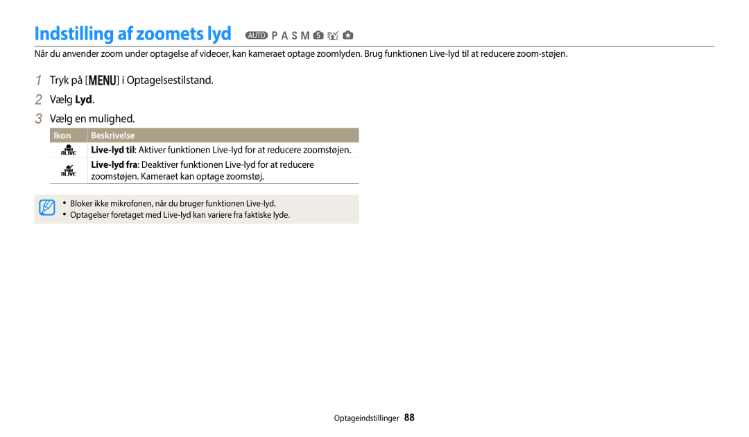 Samsung EC-WB50FZBPRE2 manual Indstilling af zoomets lyd T p a h M s i g, Zoomstøjen. Kameraet kan optage zoomstøj 