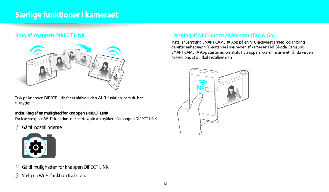 Samsung EC-WB50FZBPRE2, EC-WB350FBPWE2 Særlige funktioner i kameraet, Indstilling af en mulighed for knappen Direct Link 