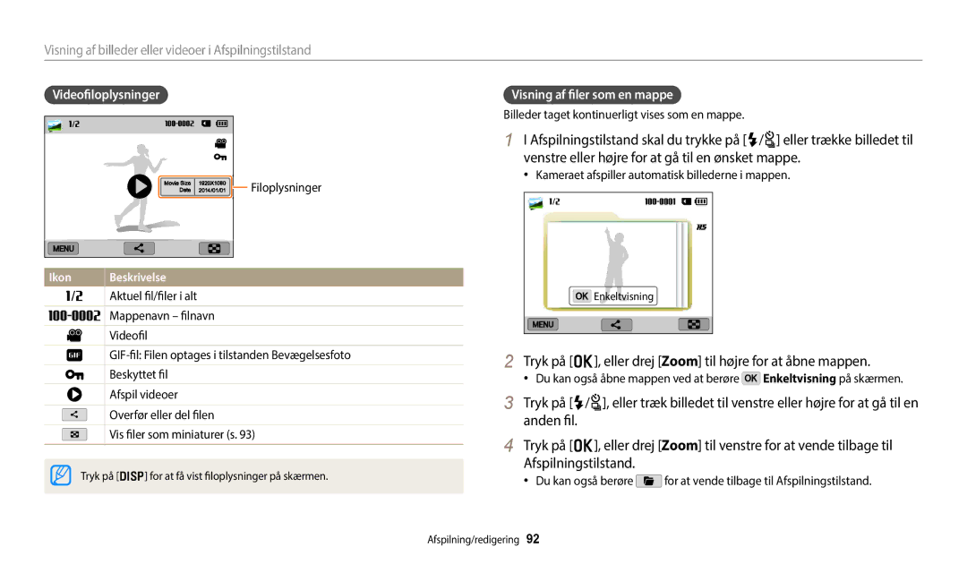 Samsung EC-WB350FBPNE2, EC-WB350FBPWE2 manual Tryk på o, eller drej Zoom til højre for at åbne mappen, Videofiloplysninger 