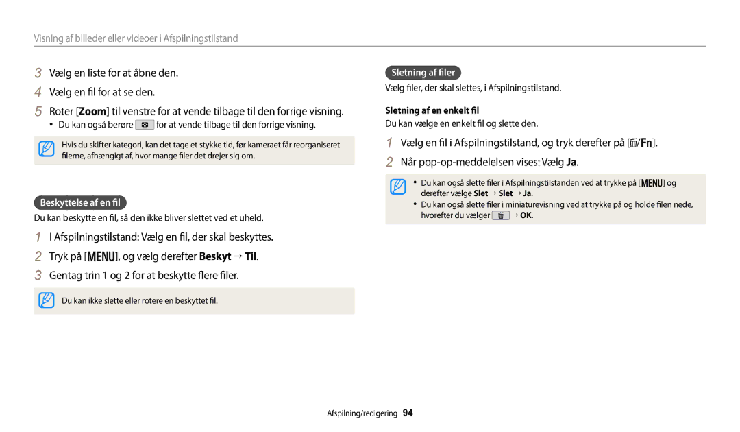 Samsung EC-WB350FBPBE2 Vælg en liste for at åbne den Vælg en fil for at se den, Beskyttelse af en fil, Sletning af filer 