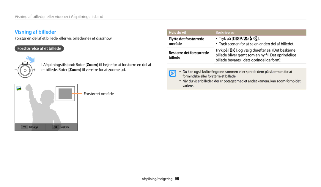 Samsung EC-WB350FBPUE2, EC-WB350FBPWE2 manual Visning af billeder, Forstørrelse af et billede, Hvis du vil Beskrivelse 