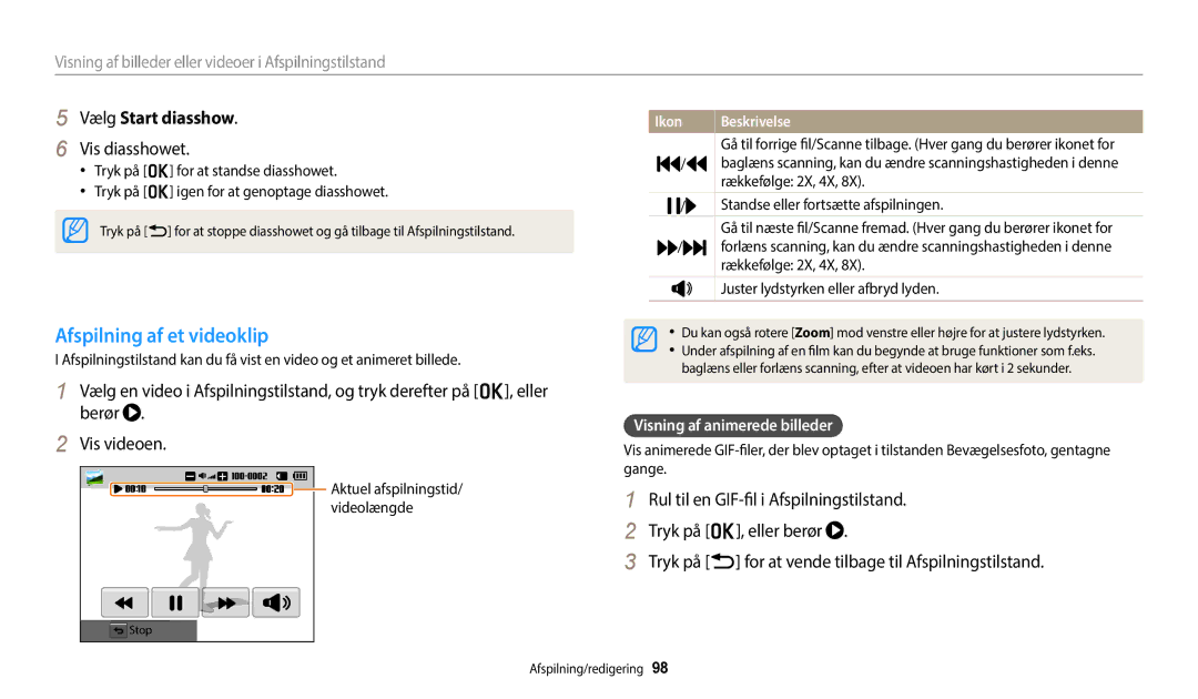 Samsung EC-WB50FZBPRE2 Afspilning af et videoklip, Vælg Start diasshow, Vis diasshowet, Visning af animerede billeder 