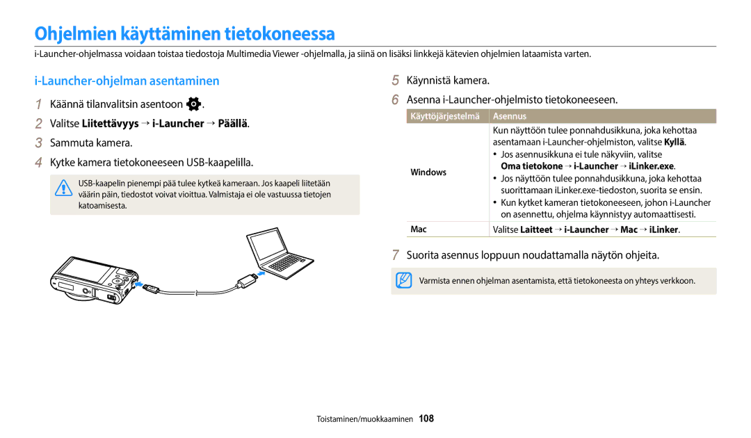 Samsung EC-WB50FZBPRE2, EC-WB350FBPWE2 manual Ohjelmien käyttäminen tietokoneessa, Launcher-ohjelman asentaminen, Asennus 