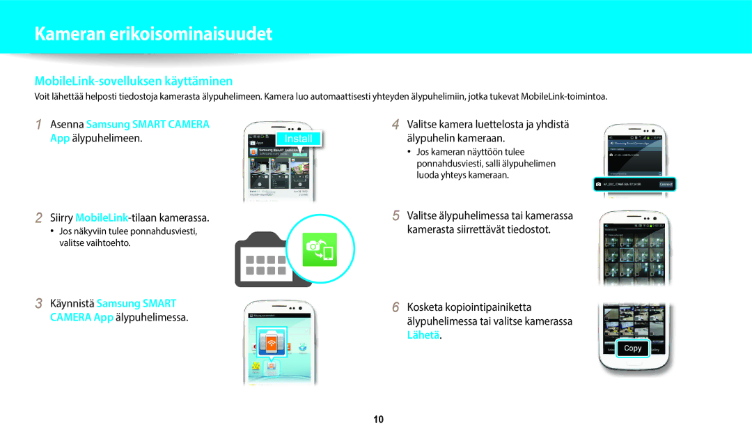 Samsung EC-WB50FZBPBE2, EC-WB350FBPWE2 manual MobileLink-sovelluksen käyttäminen, Siirry MobileLink-tilaan kamerassa 