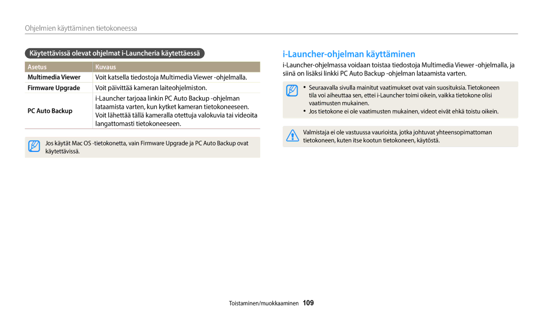 Samsung EC-WB350FBPWE2 manual Launcher-ohjelman käyttäminen, Käytettävissä olevat ohjelmat i-Launcheria käytettäessä 