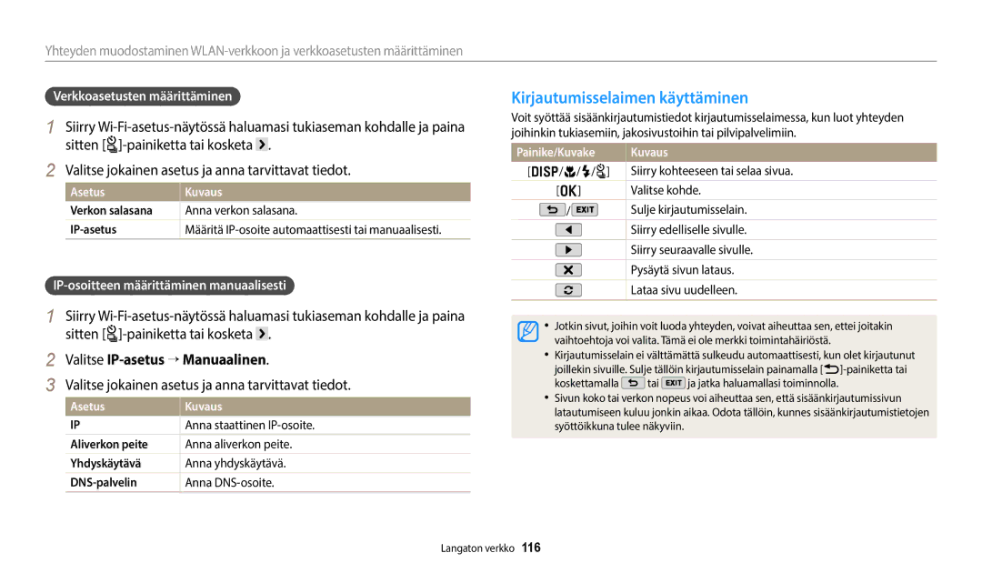 Samsung EC-WB350FBPUE2 Kirjautumisselaimen käyttäminen, Valitse IP-asetus → Manuaalinen, Verkkoasetusten määrittäminen 