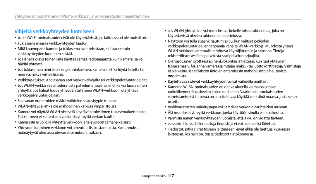 Samsung EC-WB352FBDBE2, EC-WB350FBPWE2, EC-WB50FZBPBE2, EC-WB350FBPRE2, EC-WB350FBPNE2 manual Vihjeitä verkkoyhteyden luomiseen 