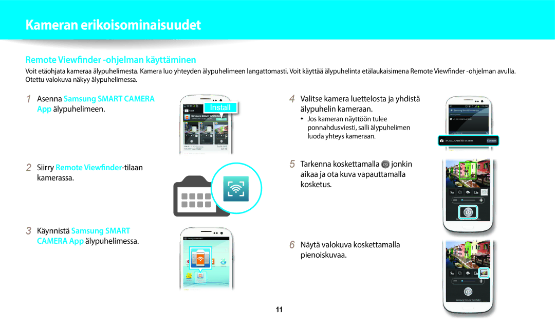 Samsung EC-WB350FBPRE2, EC-WB350FBPWE2, EC-WB50FZBPBE2 manual Remote Viewfinder -ohjelman käyttäminen, App älypuhelimeen 