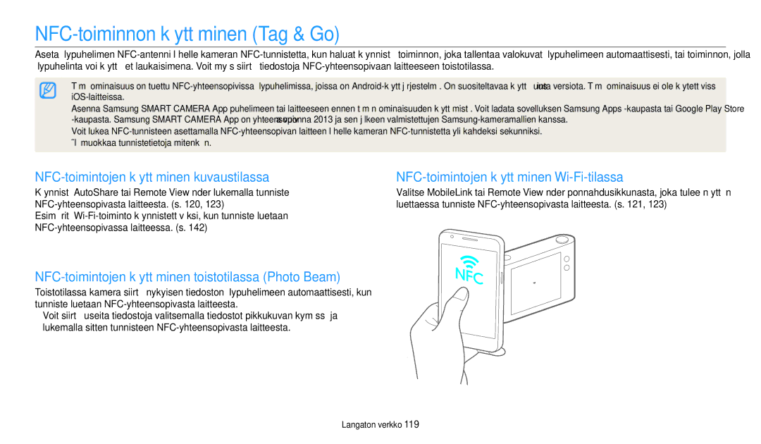 Samsung EC-WB350FBPWE2, EC-WB50FZBPBE2 manual NFC-toiminnon käyttäminen Tag & Go, NFC-toimintojen käyttäminen kuvaustilassa 