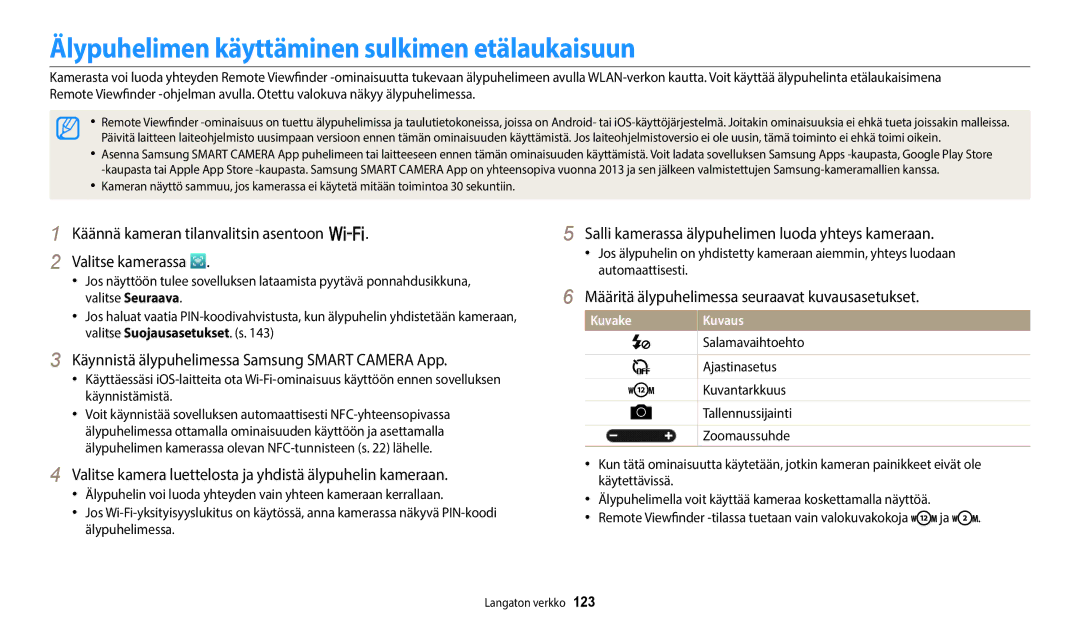 Samsung EC-WB352FBDWE2 Älypuhelimen käyttäminen sulkimen etälaukaisuun, Määritä älypuhelimessa seuraavat kuvausasetukset 