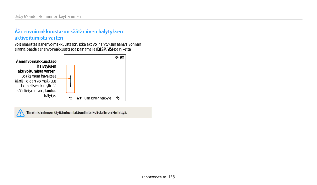 Samsung EC-WB350FBPUE2, EC-WB350FBPWE2, EC-WB50FZBPBE2, EC-WB350FBPRE2 manual Hälytyksen, Hetkellisestikin ylittää, Hälytys 