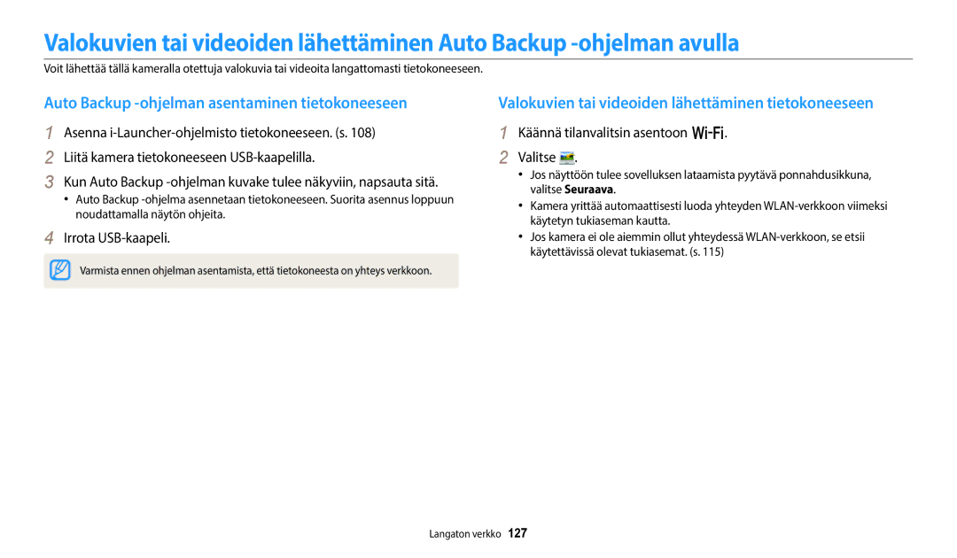 Samsung EC-WB352FBDBE2 manual Auto Backup -ohjelman asentaminen tietokoneeseen, Käännä tilanvalitsin asentoon w Valitse 