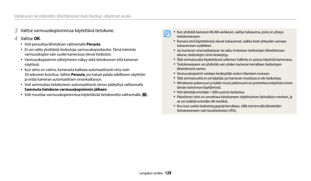 Samsung EC-WB50FZBPRE2, EC-WB350FBPWE2, EC-WB50FZBPBE2 manual Valitse varmuuskopioinnissa käytettävä tietokone Valitse OK 