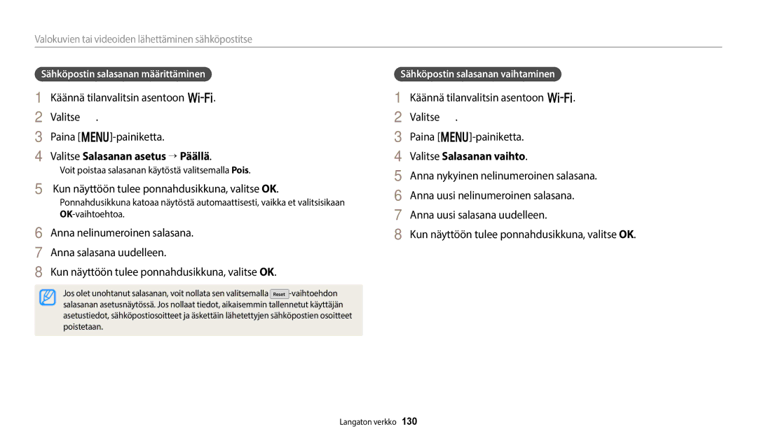 Samsung EC-WB50FZBPBE2, EC-WB350FBPWE2 Valitse Salasanan asetus → Päällä, Kun näyttöön tulee ponnahdusikkuna, valitse OK 