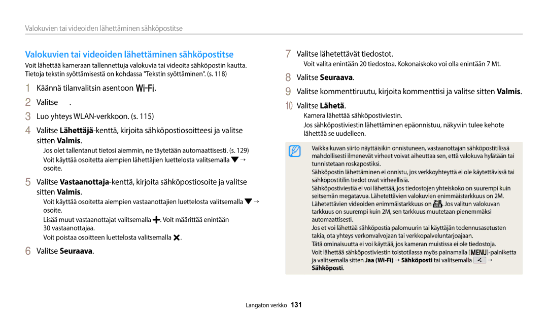 Samsung EC-WB350FBPRE2 manual Valokuvien tai videoiden lähettäminen sähköpostitse, Valitse Seuraava, Valitse Lähetä 